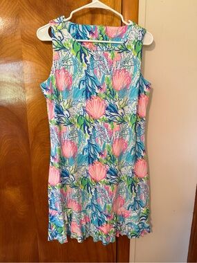 Sleeveless Floral Shift Dress in Blue and Pink